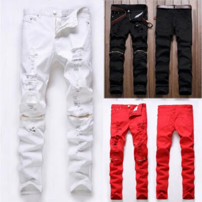 

Mens Biker Jeans Pants Stretchy Skinny Denim Slim Fit Destroyed Ripped Trousers