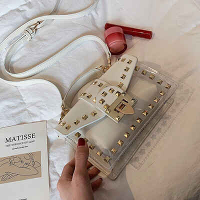 

New bag female 2019 new Korean version of the wild shoulder slung fashion rivet portable transparent jelly small square bag