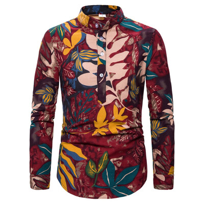

Tailored Mens Ethnic Long Sleeve Casual Cotton Linen Printing Hawaiian Shirt Blouse