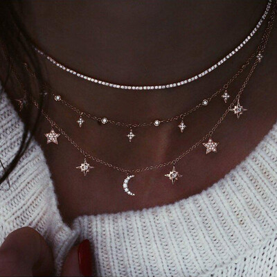 

Fashion Women Necklaces Moon Pentagram Pendant Crystal Clavicle Chain Multilayer Gold Necklace Set Female Wedding Party Jewelry