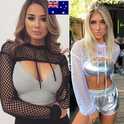 

Women Cut Out Fishnet Mesh Crop Tops Hooded Sweatshirts Casual Pullover Hoodie
