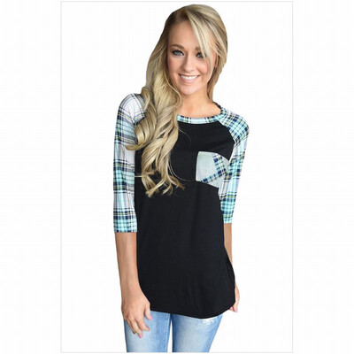 

Round neck cropped sleeve pocket plaid striped print casual straight top
