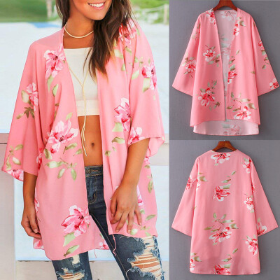 

Women Kimono Cardigan Floral Print 34 Sleeves Boho Loose Long Bikini Cover Ups Beachwear