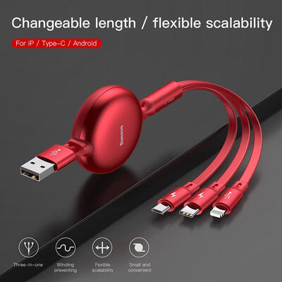 

Baseus 3 in 1 Multi USB Charger Cable Retractable 12m 35A Fast Charging Cord with Lightning Type C Micro USB-12m