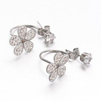 

304 Stainless Steel Flower Ear Studs with Polymer Clay Rhinestones Stainless Steel Color 255265mm Pin 06mm