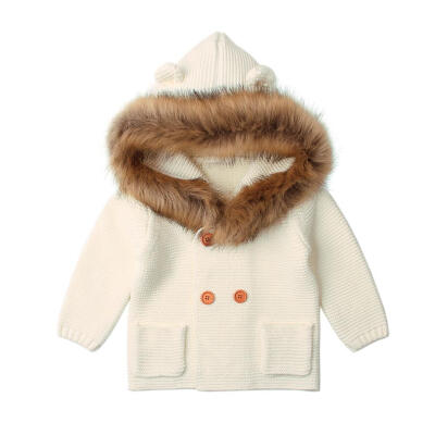 

Baby Hooded Knitted Sweaters Fur Collar Double-breasted Cartoon Ears Coat