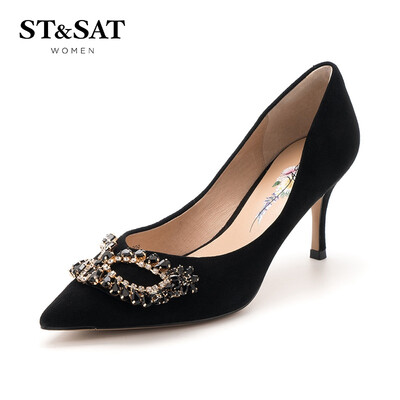 

Saturday ST & SAT suede sheep leather fashion shallow mouth elegant buckle high-heeled shoes SS91111209 black 37