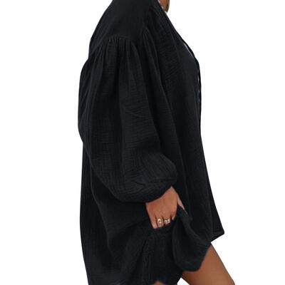 

Women Cuffs Long-Sleeves Loose Plus Size Lace Up V-neck Pullover Tops Shirt