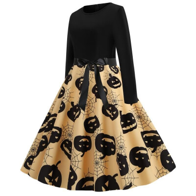 

2019ebay AliExpress explosion retro Hepburn style Halloween print long sleeve dress Photo 2XL