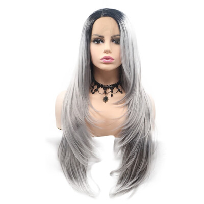 

Amazing Star Lace Frontal Wigs Straight Hair Heat Resistant Silver Gray Color Hand Tied Lace Frontal Synthetic Wigs Side Part