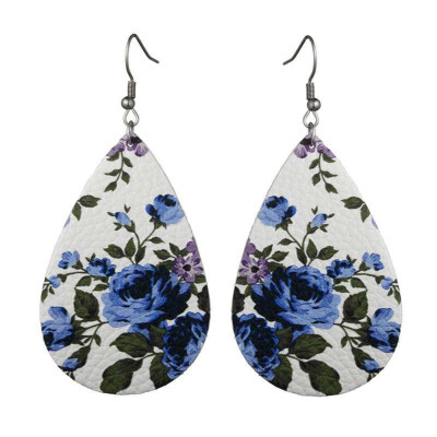 

Boho Women Floral Pattern Teardrop Dangle Faux Leather Hook Earrings Jewelry