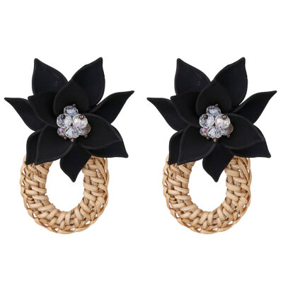 

Women Flower Water Drop Rattan Weave Charm Rhinestone Statement Stud Earrings