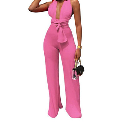 

Starmoon Women Summer Sexy Strap V Neck Solid Waistband Lace-up Long Pants Jumpsuits