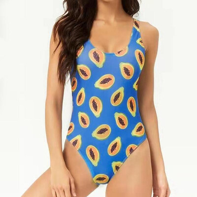 

Sexy Women Pawpaw Print One Piece Swimsuit O Neck Backless Monokini Swimwear Bathing Beach Bodysuit