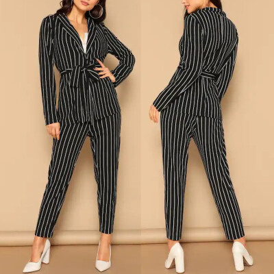 

Toponeto Fashion Womens Pinstripe Long Sleeve Waistband Casual Tops Lapel Suit Pants Set