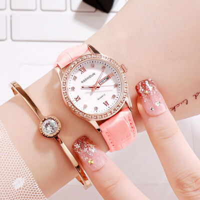 

New fashion girl watch double calendar water drill belt quartz watch woman Korean version of the Internet celebrity steel belt wom