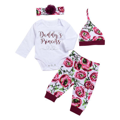 

4pcsSet Autumn Baby Clothes Letters Print Cotton Romper Pants Headband Hat