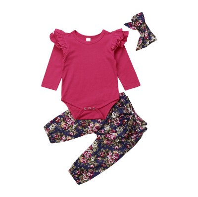 

3pcs Baby Girls Romper TopFloral Pants Outfits Newborn Kids Cotton Clothes Set