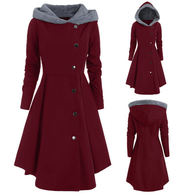 

Roseonmyhand Women Plus Size Asymmetric Fleece Hooded Single Breasted Long Drap Buttons Coat