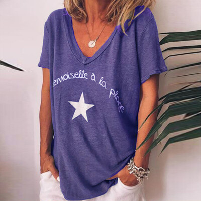 

Starmoon Women Casual V Neck Letter Print Short Sleeve Ladies Top Shirts Blouse
