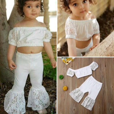 

2PCS Toddler Kids Baby Girl Lace Flower Tops Crop Flared Pants Outfits Sunsuit