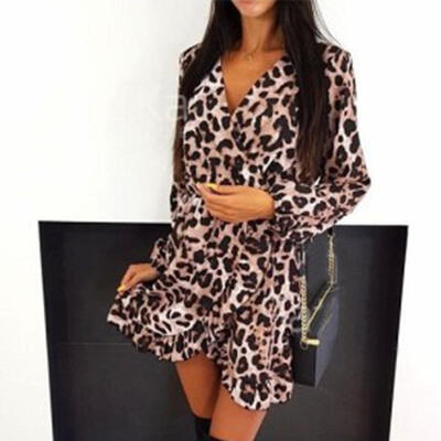 

Hot Women Long Sleeve V Neck Leopard Print Party Cocktail Mini Dress Clubwear