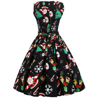 

C17 Cross-border Christmas Series Explosion Retro Hepburn Wind 50S60S Waist Large Size Womens Print Dress black