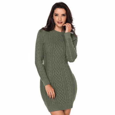 

Round neck long-sleeved ribbed knit sweater in long sweater skirt