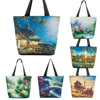 

New Vintage Women Handbag Landscape Print Large Capacity Casual Shoulder Bag Tote