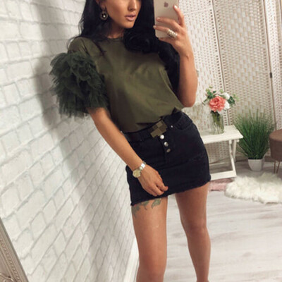 

Women Summer Tulle Ruffle Short Sleeve T Shirt Ladies Loose Casual Blouse Top