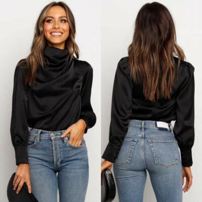 

Fashion Women Lantern Sleeve High Collar Shirt Tops Ladies Black Blouse Tops