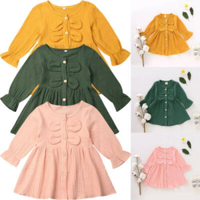 

Toddler Kid Baby Girl Cotton Linen Solid Dress Long Sleeve Button Ruffle Dresses