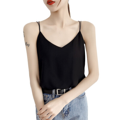 

Summer Casual Sleeveless Shirt Solid Color Loose Crop Tops Sweet Basic Chiffon V-Neck Camisole