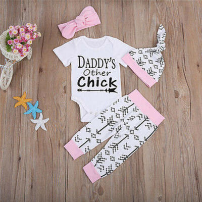 

Newborn Baby Girls Cotton Pink Tops Romper Pants Headband Hat 4pcs Outfits Set