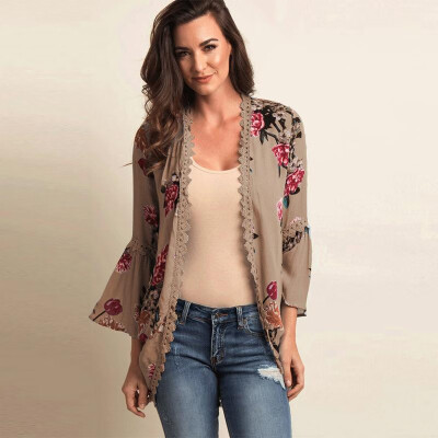 

New Women Casual Kimono Cardigan Floral Print Open Front Boho Loose Outerwear Beach Bikini Cover Up