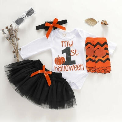 

4PCS Infant Baby Kids Girls Halloween RomperDress Skirt Clothes Outfits Set US