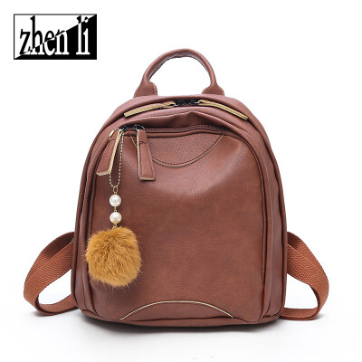 

New PU leather solid color sweet lady popular hair ball pendant womens backpack for back