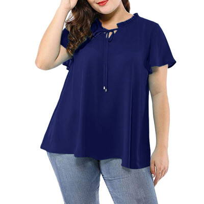 

Women Solid Shirts Lace Up Chiffon Top Short Sleeve Casual Blouse Shirt Plus Size