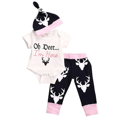 

Style Autumn 3pcs Newborn Baby Girls Cartton Elk Print JumpsuitFashion Pure Cotton Pants And A Hat Outfits Set