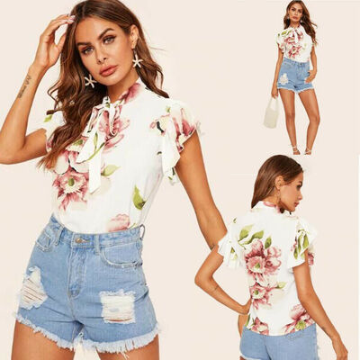 

Women Summer Short Sleeve Floral Print Chiffon Blouse T-Shirt Ladies Tops Shirt