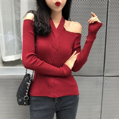 

Women Retro Solid Color Sexy Long Sleeved Off-shoulder Long Knitwear Sweater Slim Tops