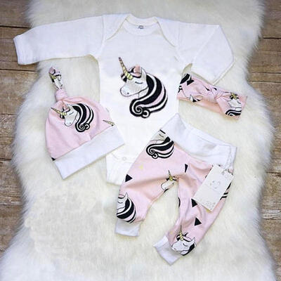 

4PCS Infant Baby Girls Unicorn Cotton Romper Tops Jumpsuit Pants Outfits Set