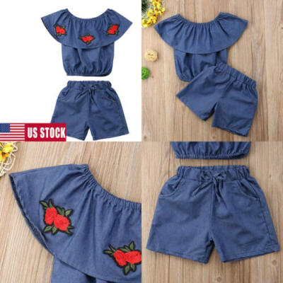 

US STOCK 2PCS Baby Girls Sleeveless Denim Tops T-shirt Short Pants Jeans Set