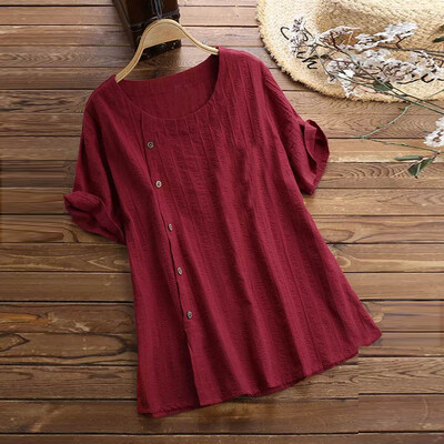 

Starmoon Women Loose Solid Color Cotton&Linen O-Neck Short Sleeve T-Shirt Blouse