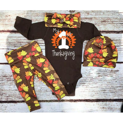 

Thanksgiving Toddler Baby Clothes Romper Long Pants Hat Headband 4Pcs Outfit Set