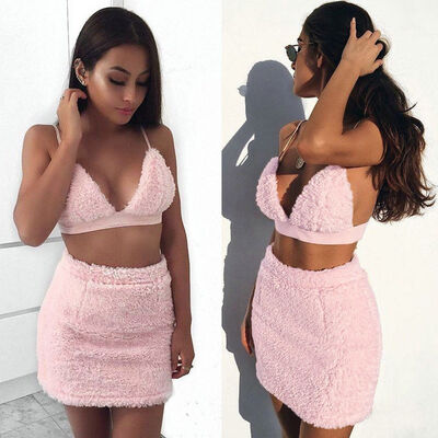 

Womens Sexy Fur Vest TopSkirt Suit Club Party Evening Cocktail Short Mini Dress