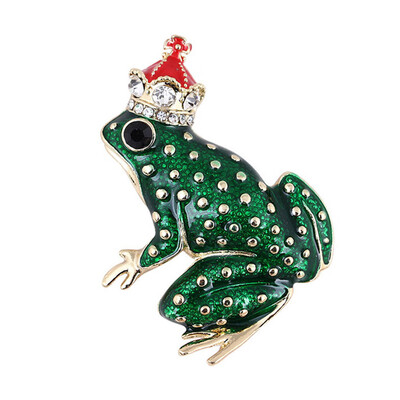 

Red Crown Prince of Frog Brooch Jewelry Gold Alloy Crystal Suit Green Enamel Pin Brooches