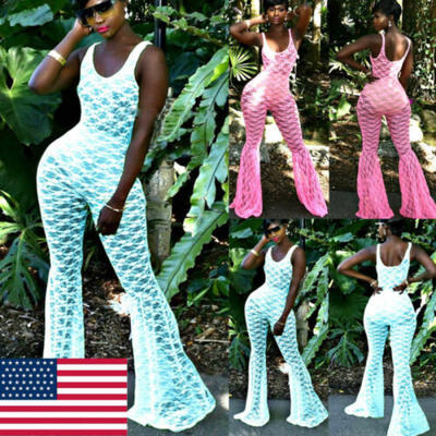 

Womens Lace See Through Jumpsuit Playsuit Bell-bottoms Long Pants Romper