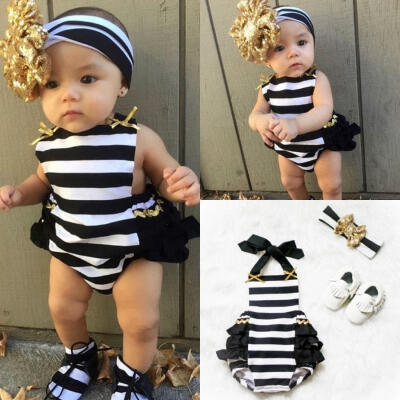 

Cute Baby Girls Clothes Stripe Bodysuit Romper Jumpsuit Hairband Outfit Sunsuit