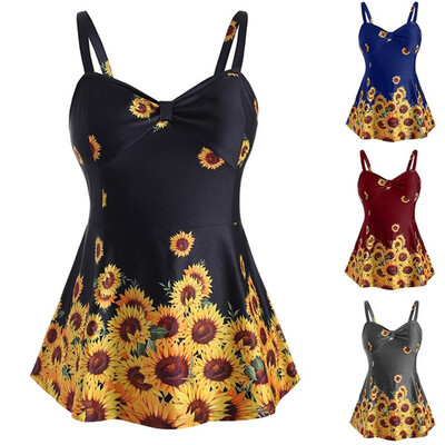 

Roseonmyhand Women Plus Size Ladies Sunflower Printed Slimming Wave-edged Split Swimming Top